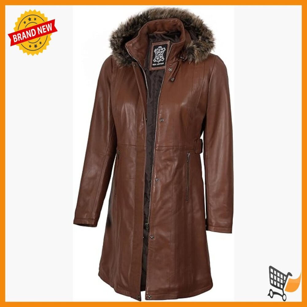 Long Sleeve Lambskin Leather Coat with Hood and Pockets